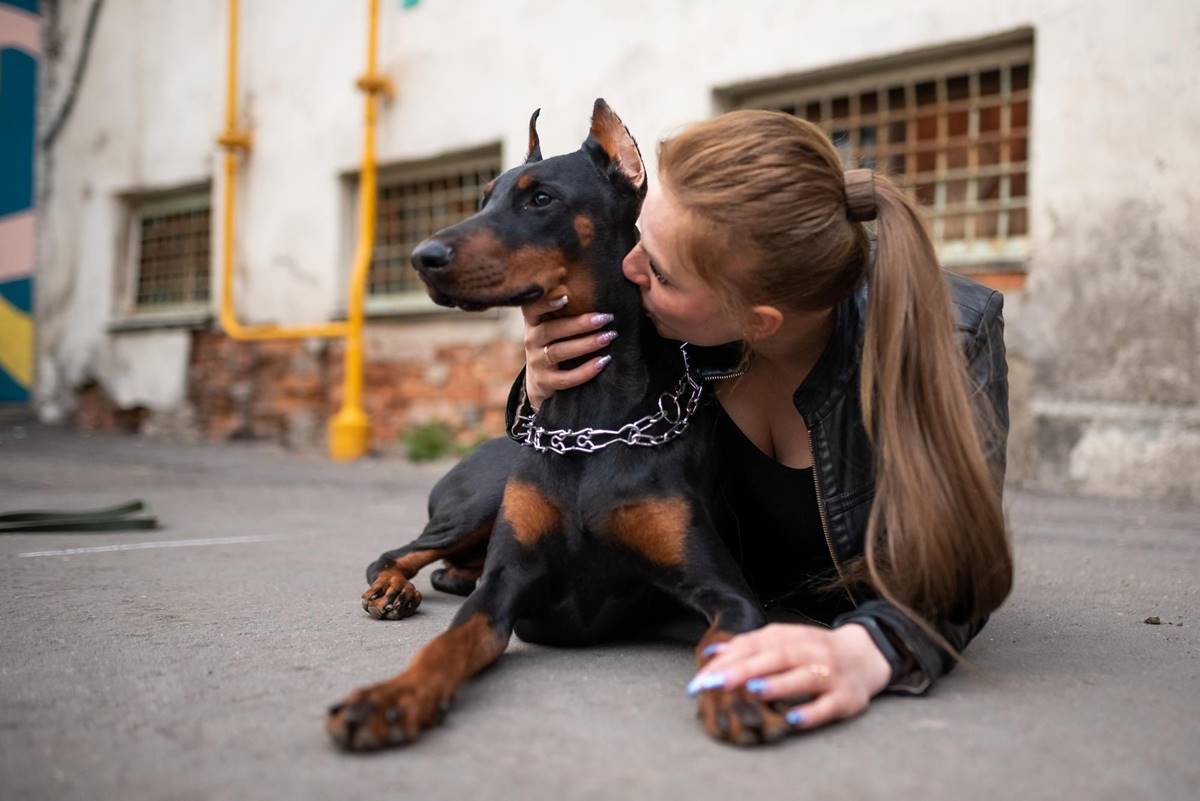 czarny doberman przytula się z opiekunką leżąc na utwardzonej ziemi 